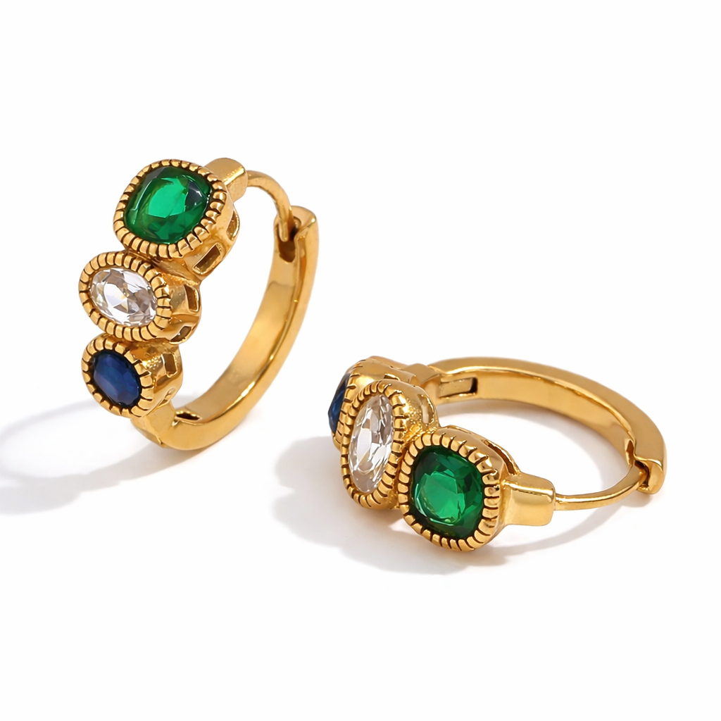hree gem huggies gold small gemstone hoop earrings Me The Label