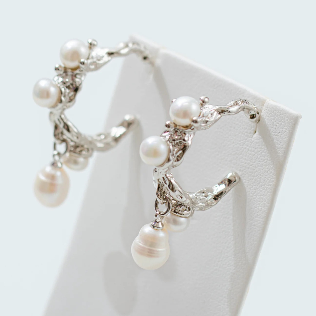 silver pearl hoop earrings baroque freshwater pearls Me The Label