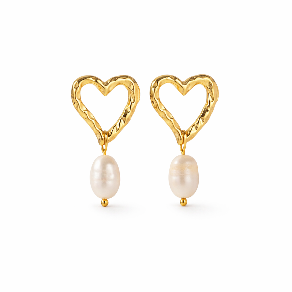 Gold heart pearl earrings drop style romantic jewellery