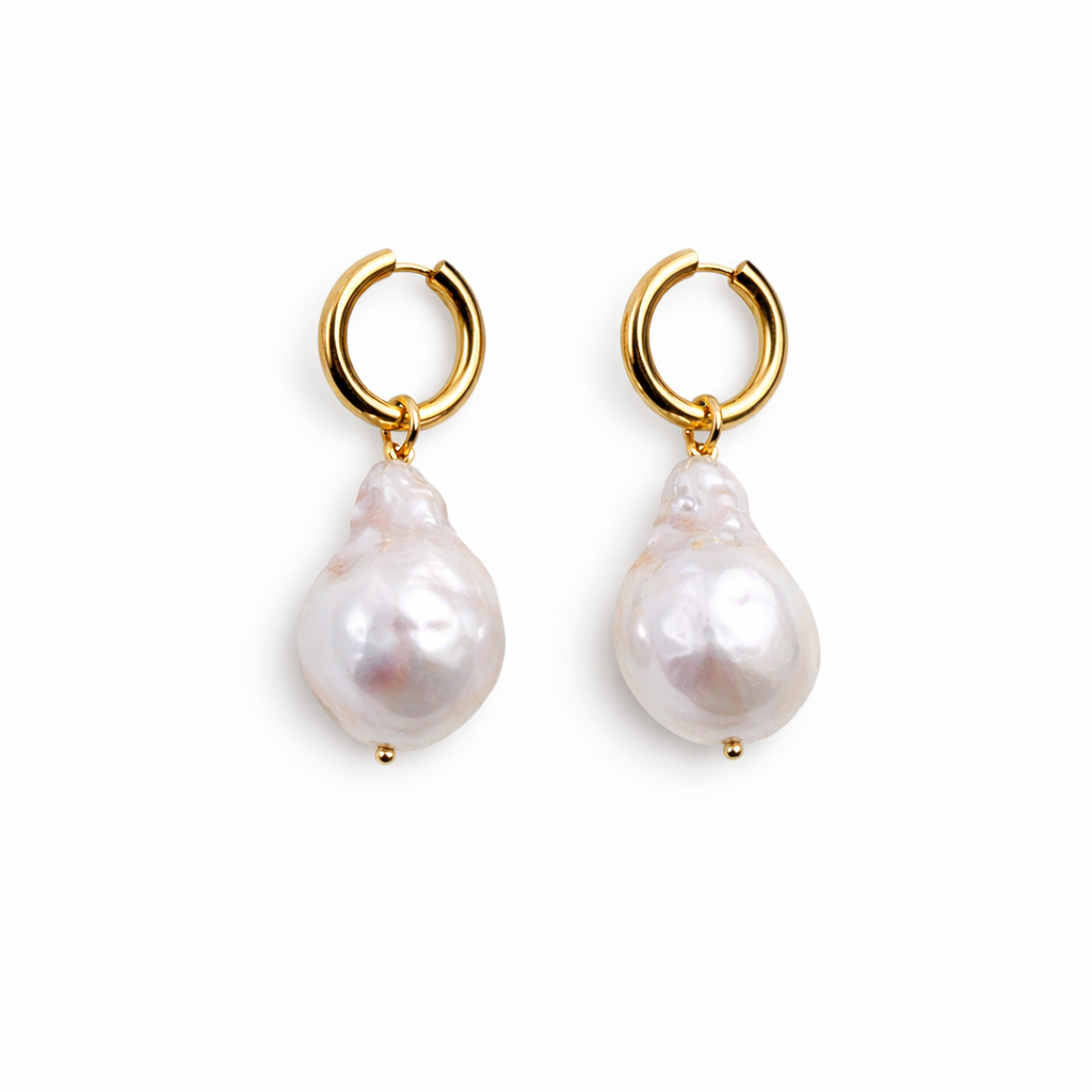 gold pearl hoop earrings large freshwater pearl statement Me The Label