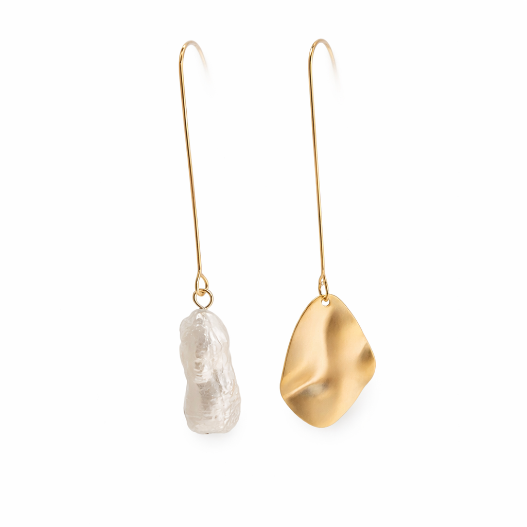 gold molten pearl earrings asymmetric modern design Me The Label