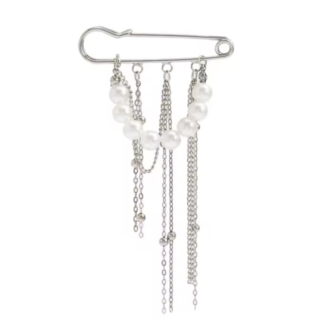silver pearl chain brooch draped statement pin Me The Label