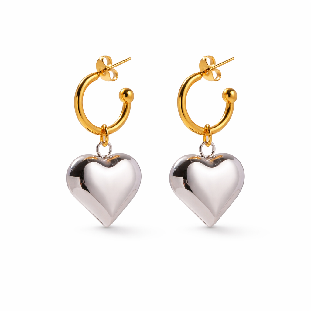 Two tone heart hoop earrings gold silver removable pendant