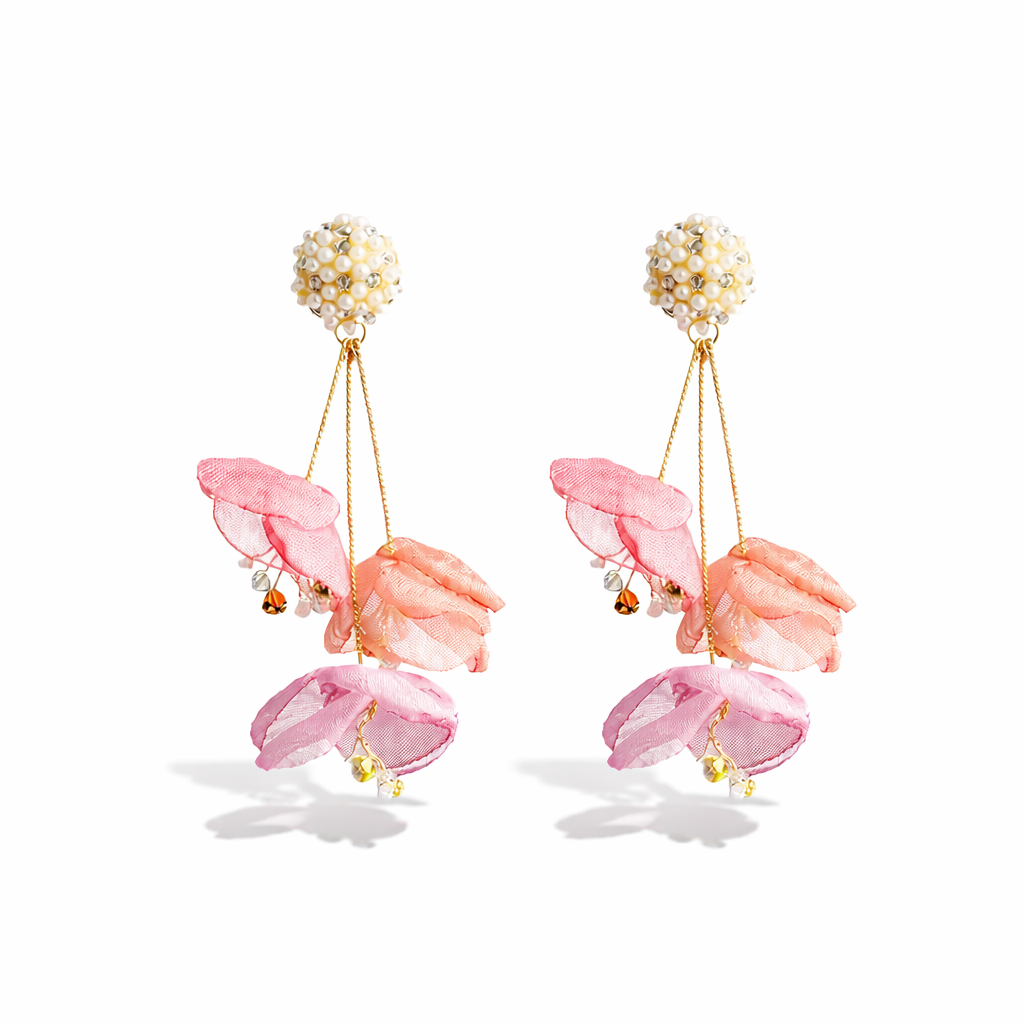 pink pearl drop earrings petal statement jewellery Me The Label