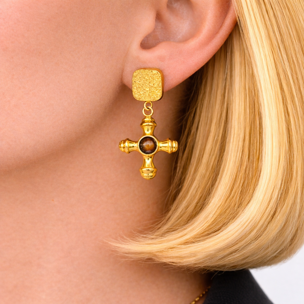 gold earrings with tiger’s eye stone earthy jewellery