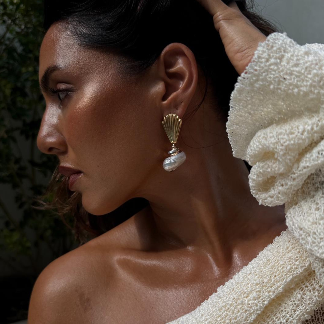 Ursula Shell Drop Gold Earrings Model Me The Label