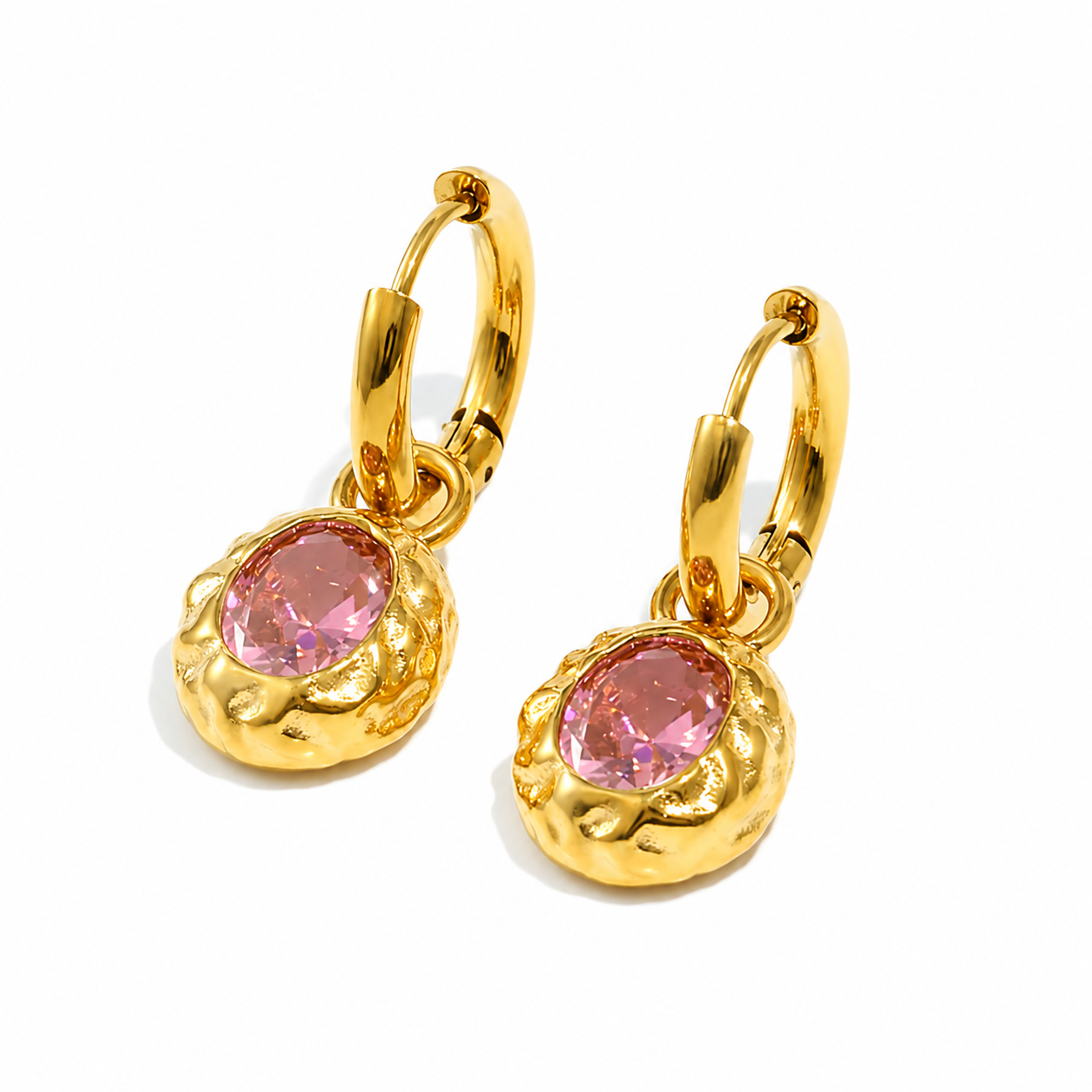 gold gemstone hoop earrings molten textured drop