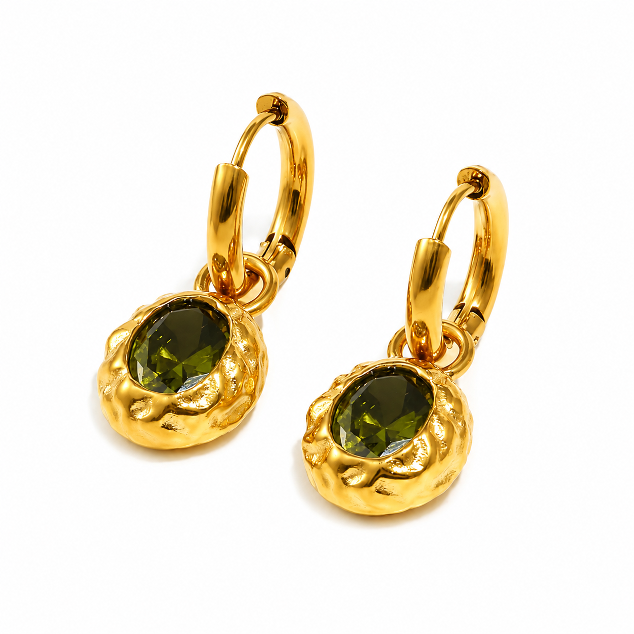 gold gemstone hoop earrings molten textured drop