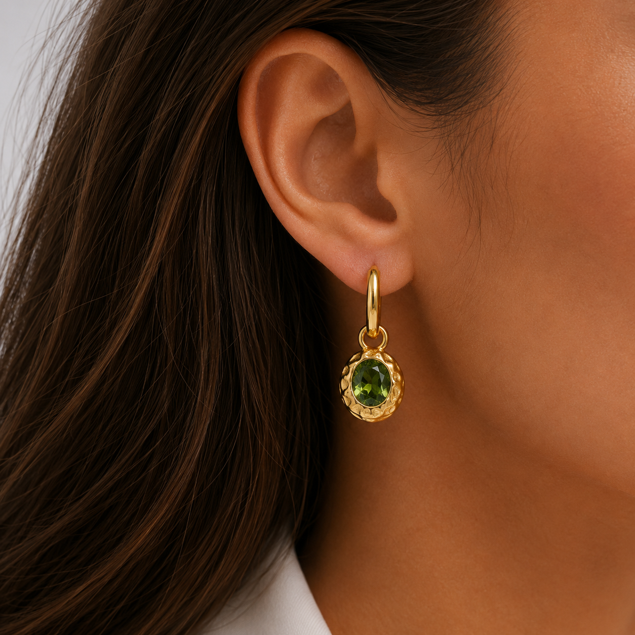 green gemstone gold hoop earrings modern jewellery