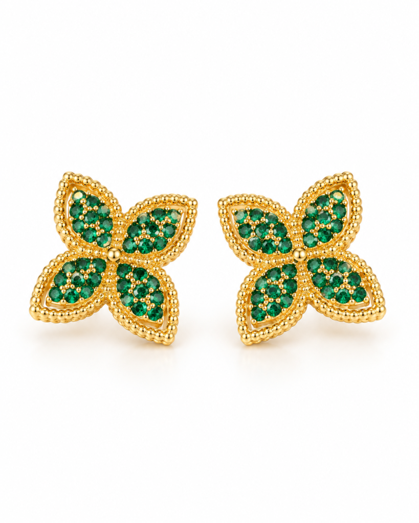 Emerald Clover Stud Earrings – Gold